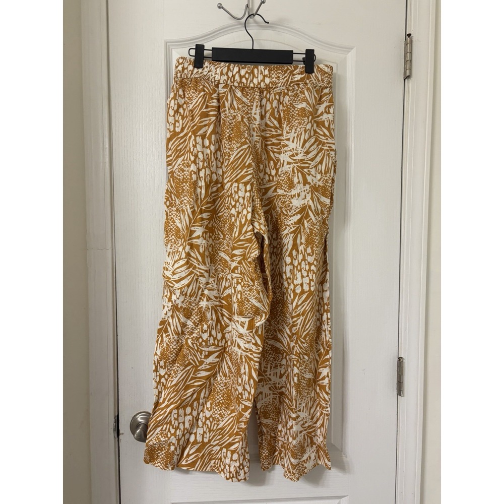 Christian Siriano 100% Linen Mustard Wide Leg Palazzo Pants Sz L Floral Boho - Picture 3 of 5